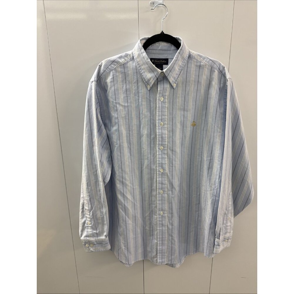 Brooks Brothers Shirt Mens Large LS Blue Gray White Stripe Supima Cotton Logo